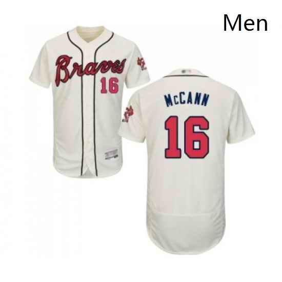 Mens Atlanta Braves 16 Brian McCann Cream Alternate Flex Base Authentic Collection Baseball Jersey